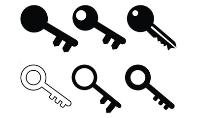 Key icon set. Different black keys collection safety symbol isolated on white background. Suitable for website design. Lock or unlock fill and stroke sign symbol. Vector illustration.