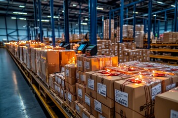 Close-Up of Barcode Scanners and Labels on Packed Goods in a Warehouse Featuring Organized Shelves and Illuminated Work Areas
