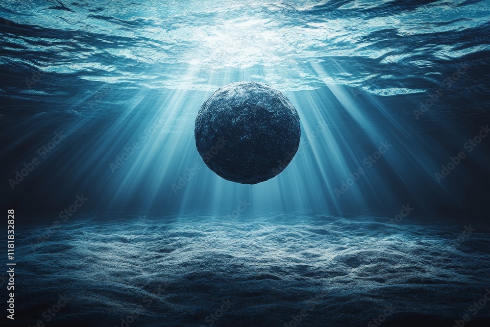 Poster surreal scene of a floating sphere illuminated by sunlight beneath ocean water with gentle waves and