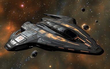 Sleek black spaceship with orange accents in space.