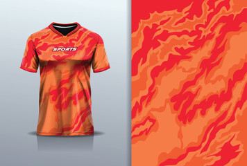 T-shirt mockup abstract texture grunge fire flame texture sport jersey design for football, soccer, racing, esports, running, in orange red color © Nimpuna O