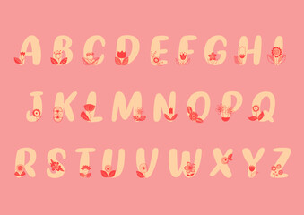 Alphabet fluffy, lettres monogramme avec des fleurs rouges, motifs stylisés fins