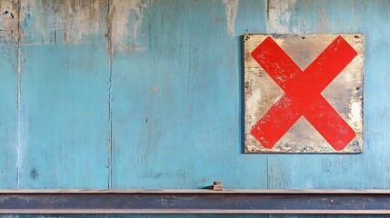 Red X sign on rustic blue wall.