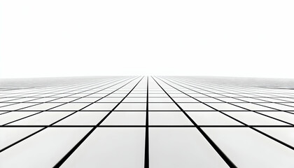 Abstract monochrome grid pattern, vanishing point perspective of a modern building's facade.  Perfect for minimalist design backgrounds.