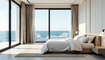 Fototapeta premium Ocean View Bedroom , Modern Minimalist Design , Coastal Retreat