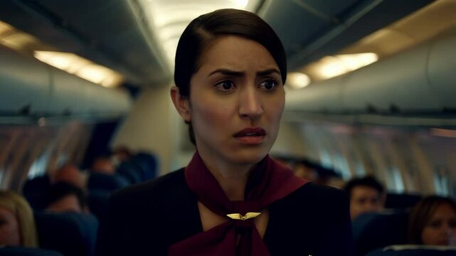 Professional flight attendant nervously adjusting uniform scarf, displaying work related stress while standing in passenger cabin interior