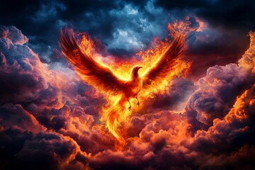 Ethereal Phoenix in Mid Flight with Blazing Feathers Illuminating a Dramatic Sky of Fiery Clouds and Ethereal Beauty