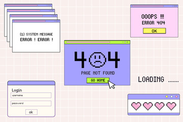 Retro style error page design with 404 message, login screen, and loading animation on a pastel grid background