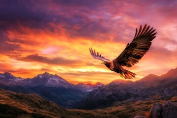 Obraz premium Stunning Gryphon Soars Through a Colorful Sky with Golden Feathers and Sharp Talons, Capturing the Essence of Fierce Majestic Creatures at Sunset