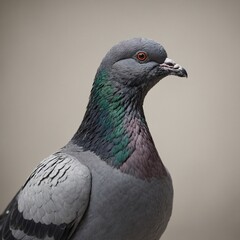 A pigeon with steely gray feathers, clean neutral background.