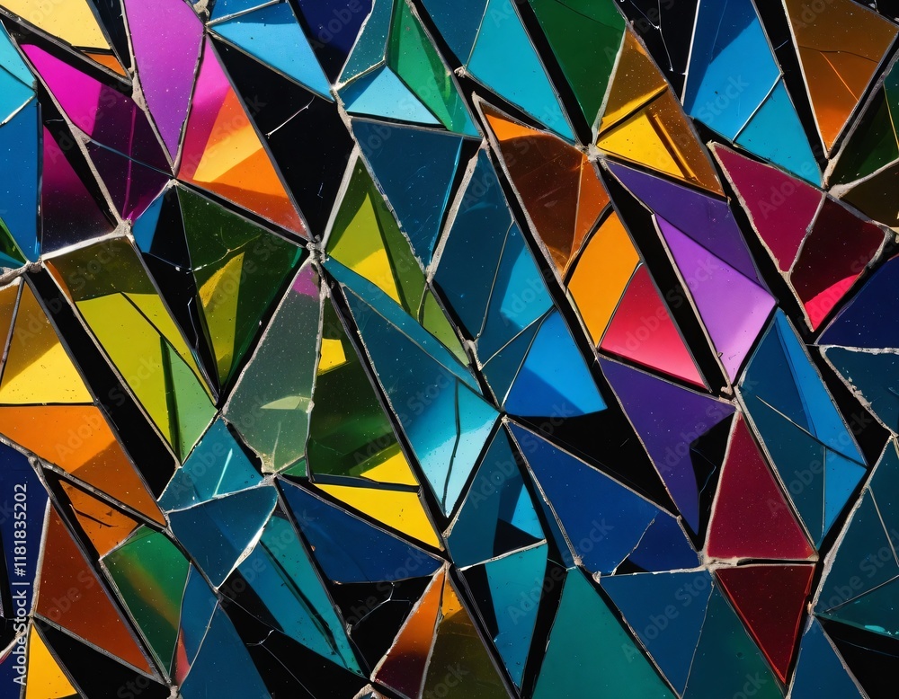 Poster an abstract pattern resembling a broken glass prism, with each fragment reflecting bright rainbow co
