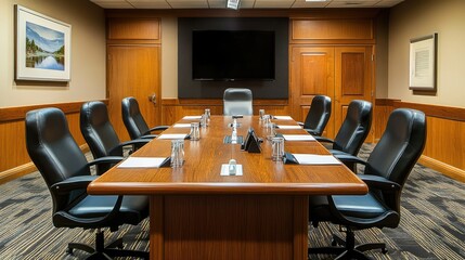 Fototapeta premium A spacious boardroom with high-tech equipment and a blend of wood and metal design elements