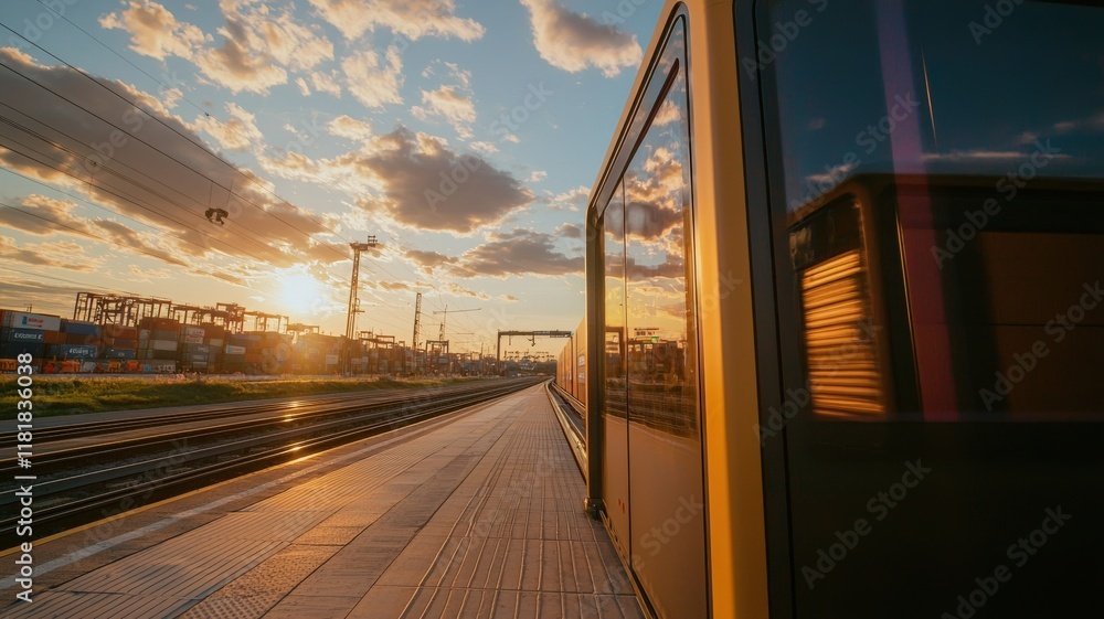Poster cargo management delivery optimization concept. a train station platform at sunset with a reflective