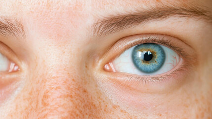Fototapeta premium People with acne Close-up of a person's eye, showcasing vibrant blue iris, subtle freckles, and natural skin texture, highlighting the beauty and detail of human features.