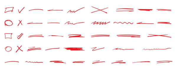 Collection of red hand-drawn doodles, including checkmarks, crosses, circles, lines, scribbles, ideal for annotation or graphic design. Hand drawn check mark and brush lines, red marker, check mark