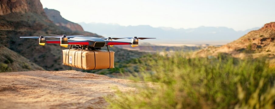 cargo management delivery optimization concept. Drone delivering a package over a rugged landscape during sunset, showcasing modern technology in remote areas.