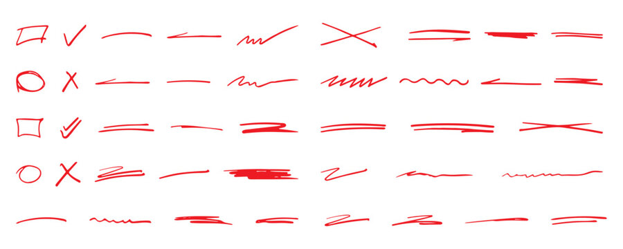 Collection of red hand-drawn doodles, including checkmarks, crosses, circles, lines, scribbles, ideal for annotation or graphic design. Hand drawn check mark and brush lines, red marker, check mark