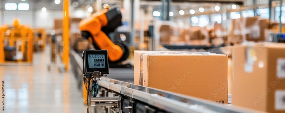 Poster cargo management delivery optimization concept. automated conveyor system with boxes and robotic arm