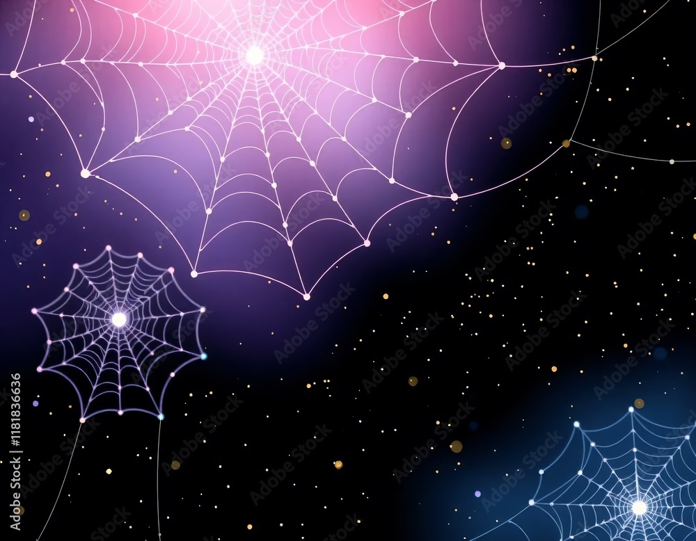 Poster an abstract web pattern that lights up in soft pastel colors like pink, sky blue, and yellow. the we