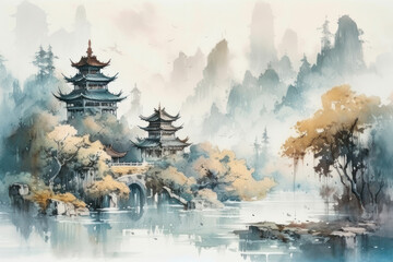 traditional oriental architecture against the backdrop of a picturesque mountain landscape 