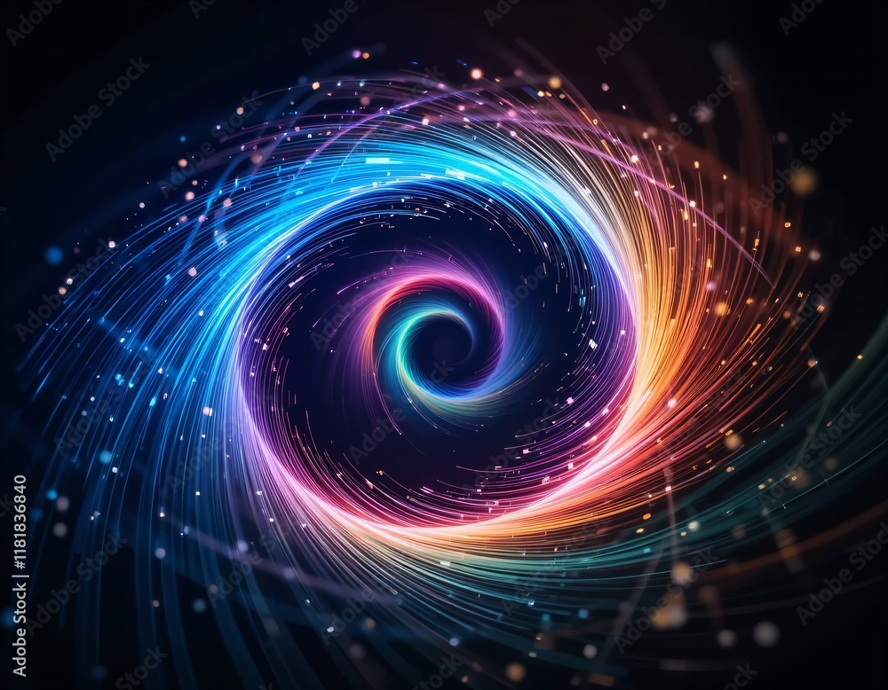 Poster an abstract spiral with fine line details and rainbow gradient colors. the spiral appears to move dy
