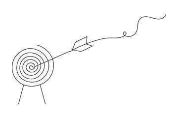 Target with arrow continuous one line drawing and business icon isolated outline flat illustration