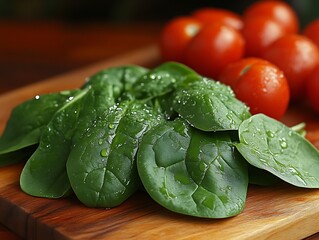 Fresh spinach leaves and ripe tomatoes on a wooden board.