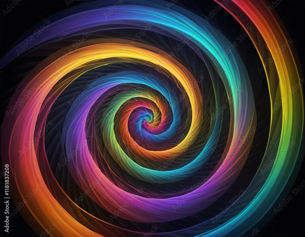 Aufkleber an abstract spiral with fine line details and rainbow gradient colors. the spiral appears to move dy