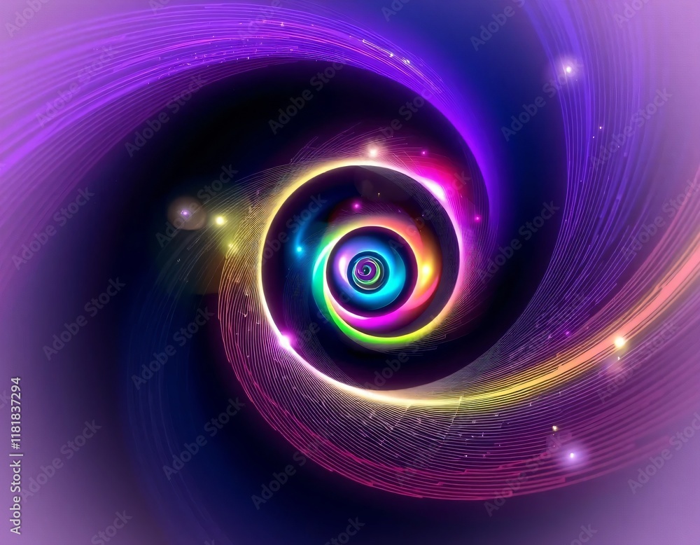Aufkleber an abstract spiral with fine line details and rainbow gradient colors. the spiral appears to move dy