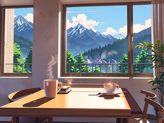 A coffee cup over the desk in the room with large window view