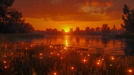 Golden Sunset Over Serene Lake with Sparkling Fireflies..