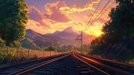 Fototapeta premium A train journey at golden hour, with vibrant skies reflecting off the tracks, lush green trees, and majestic mountains in the serene distance