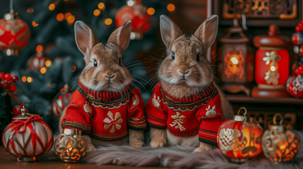 Festive Bunnies in Red Sweaters with Lunar New Year Decor..