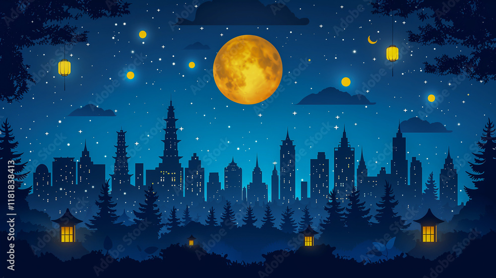 Poster moonlit cityscape with lanterns and starry night..