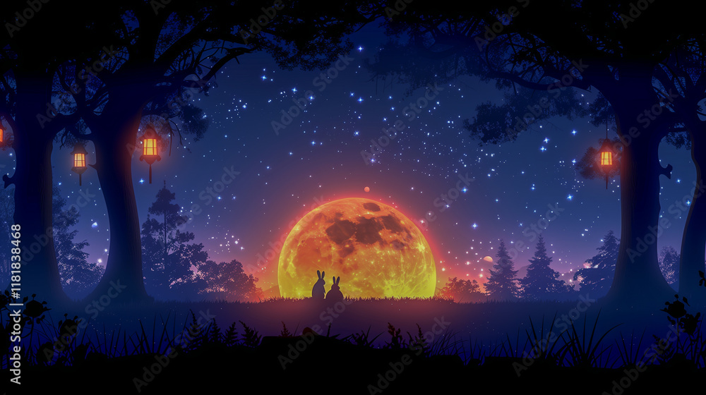 Poster rabbits watching a glowing moon in a starry forest..