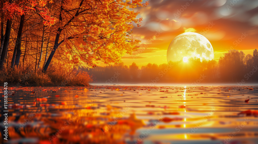 Poster autumn trees reflecting in golden moonlit lake..