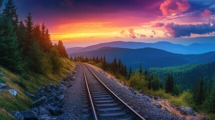 Fototapeta premium A train traveling through rocky railway tracks under a colorful sunset sky, with green forests and mountains creating a stunning natural backdrop