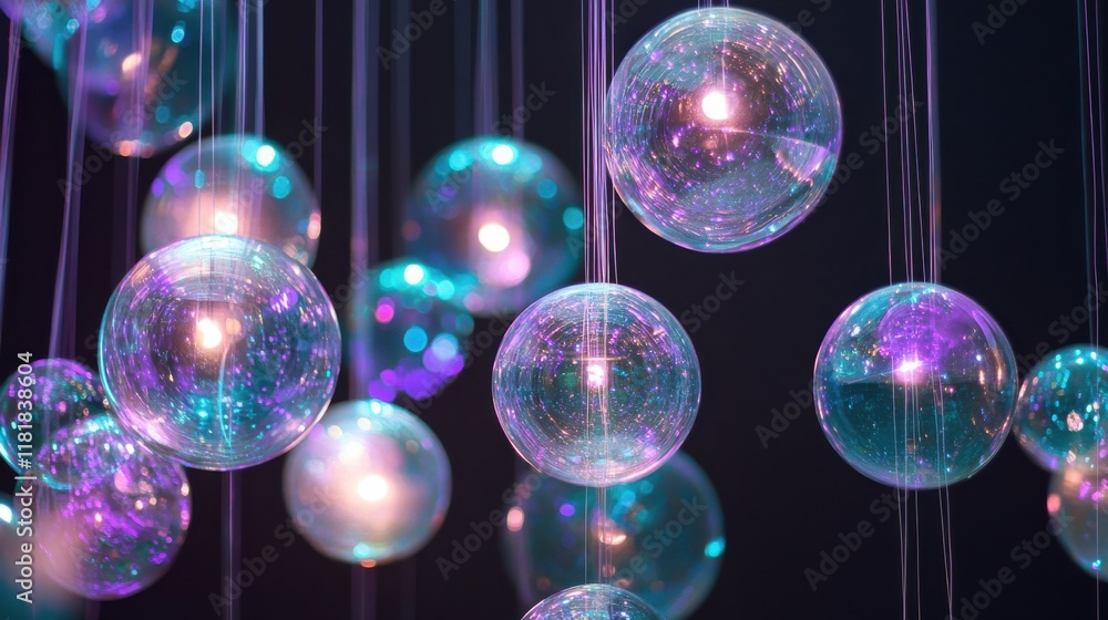 Poster glowing transparent spheres in dark setting with multicolored lights and reflections