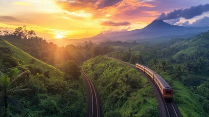 A train winding through lush greenery at sunset, with colorful skies and distant mountains completing the breathtaking scenic view