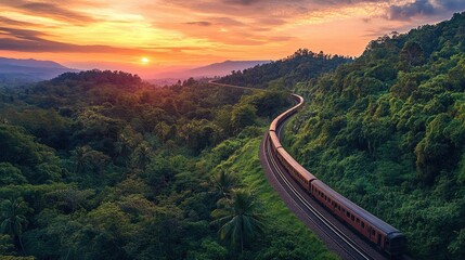 A train winding through lush greenery at sunset, with colorful skies and distant mountains completing the breathtaking scenic view