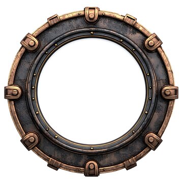 Round, metallic, steampunk porthole frame.
