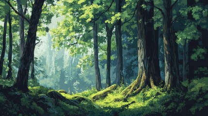 Obraz premium A tranquil forest scene with layered greenery, from mossy ground cover to high-reaching branches