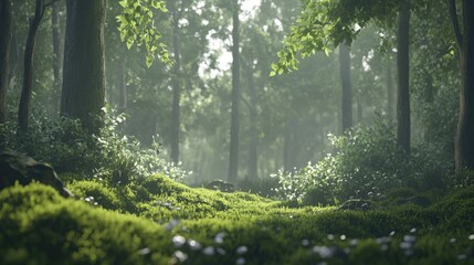 A tranquil forest scene with layered greenery, from mossy ground cover to high-reaching branches