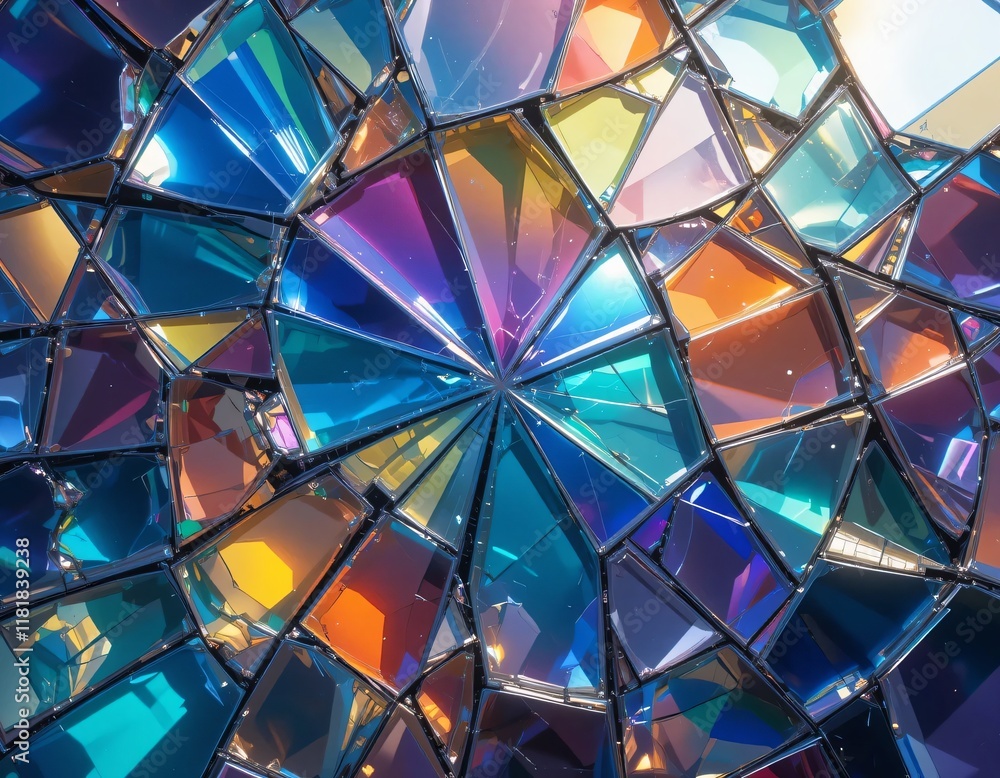 Poster an abstract pattern resembling a broken glass prism, with each fragment reflecting bright rainbow co