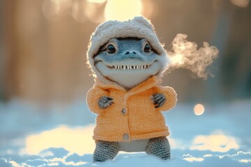 Zoo pet health. Happy cute baby animal crocodile in winter warm clothes, cold breath from nose and mouth in freezing air. Humorous animals. Wild nature shots. Funny animal pics. Wild pet care.