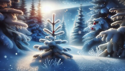 A serene winter landscape with snow-covered trees and a glowing light in the background, creating a magical and festive atmosphere.

