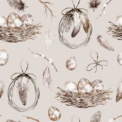Easter eggs watercolor seamless Pattern. Illustration of festive ornament with dry elements, branches on isolated background for wrapping paper or textile design. Rustic drawing for holiday wallpaper.