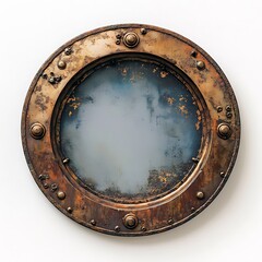 Rustic round porthole window with aged metal frame and foggy glass.
