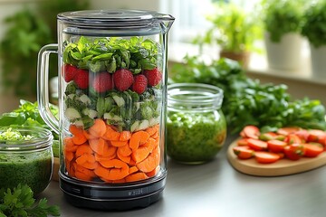 Glass blender filled with layered fruits and vegetables