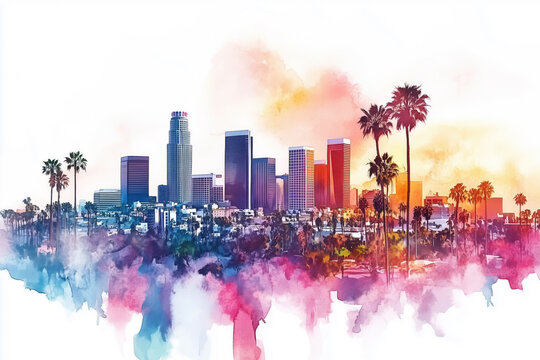 Vibrant watercolor illustration of Los Angeles skyline with palm trees
